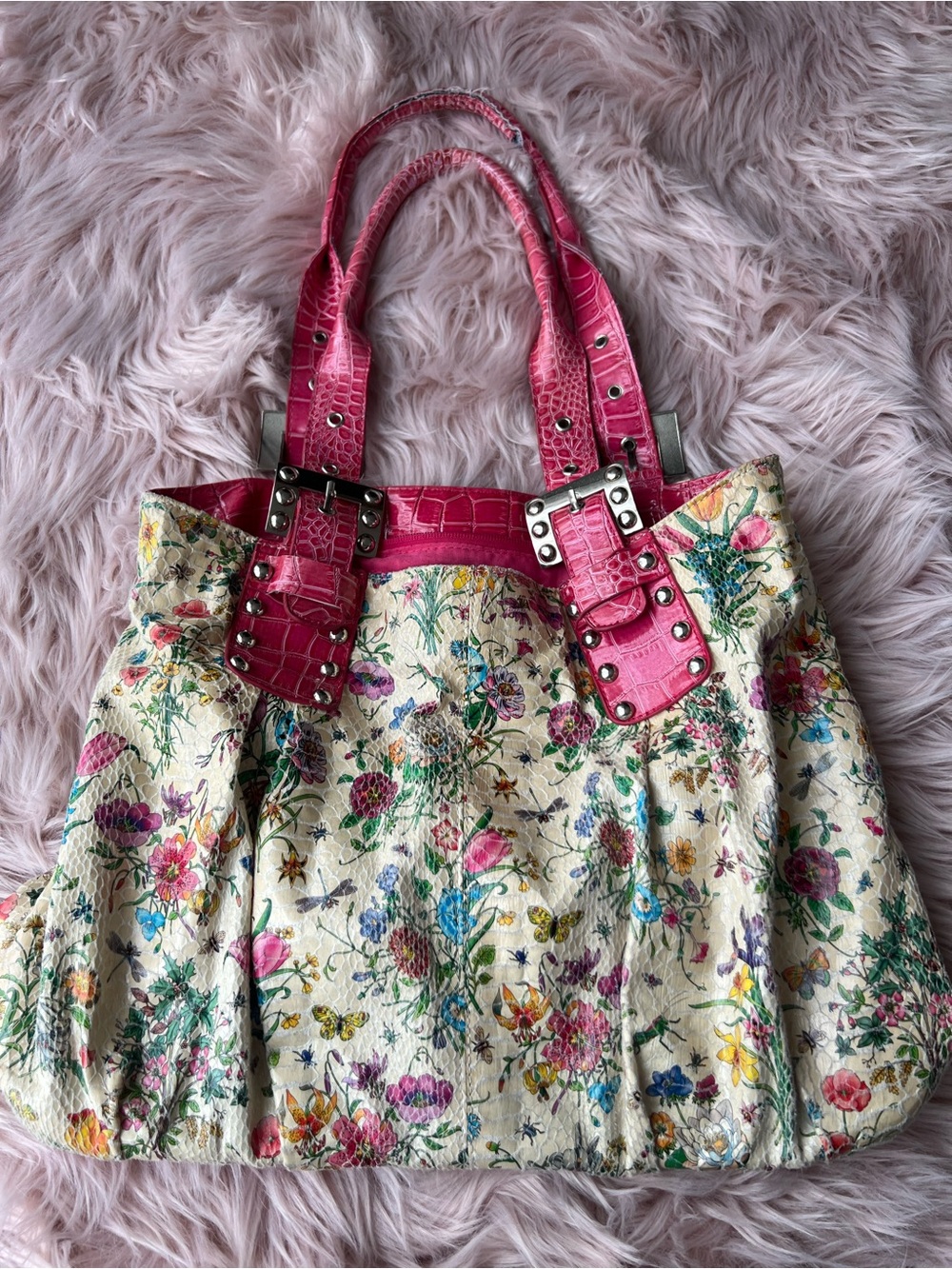 Floral Canvas Tote with Hot Pink Croc-Texture Trim